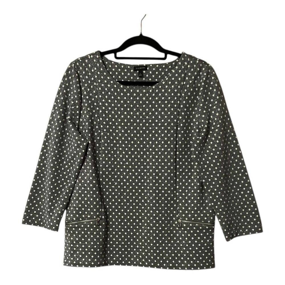 Talbots Jacquard Top Womens Large Gray Sparkle White Polka Dot Zip Pocket Party